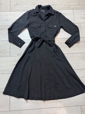 Halston Black Shirt Dress Size 6 – Belted Midi Utility Dress Long Sleeve